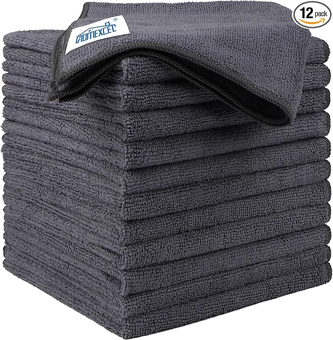 HOMEXCEL Microfiber Cleaning Cloth 12 Pack, 12.5 x 12.5 inch Microfiber Towels for Cars, Ultra Absorbent Car Washing Cloth, Lint Free Streak Free Cleaning Rags for Car, Kitchen, and Window (Grey)