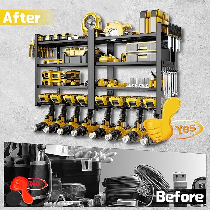 Large Power Tool Organizer Wall Mount, 8 Cordless Drill Holder, 4 Tier Metal Power Tool Shelf Battery Storage with 7 Hooks, Heavy Duty Utility Racks for Garage Workshop, Black