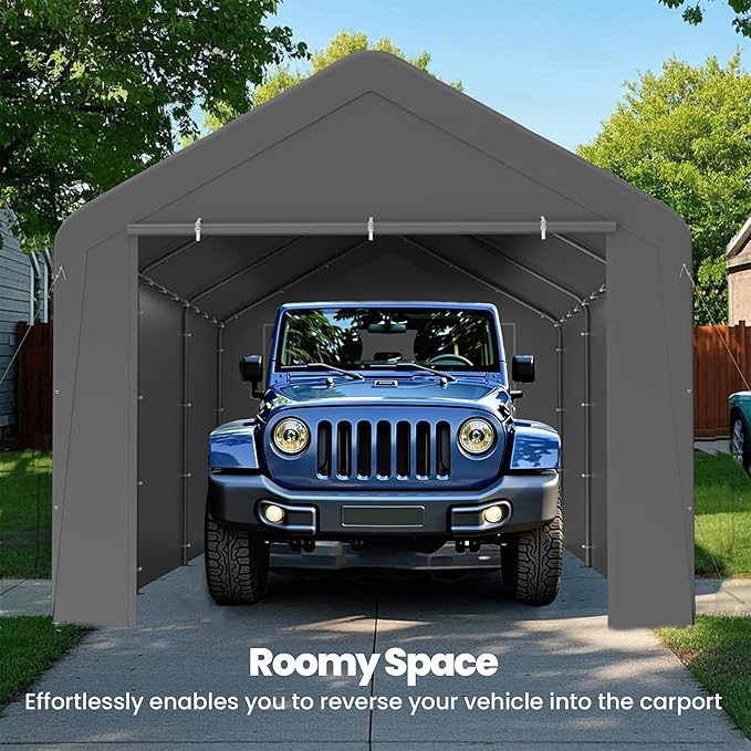 GOJOOASIS 10x20 Carport Heavy Duty Portable Garage Shelter Metal Car Canopy Tent with UV-Resistant & Weatherproof Top Cover for RV & Vehicles (Gray, 10x20 with sidewalls)