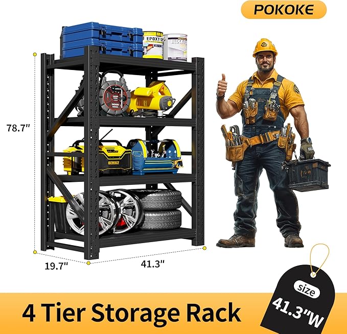 Garage Shelving Unit, 4 Tier Heavy Duty Racks, Easy Assembly, Metal Racks with Adjustable Shelves, 3000 LBS Load Capacity,for Warehouse,Basement (Black, 19.7" D x 41.3" W x 78.7" H)