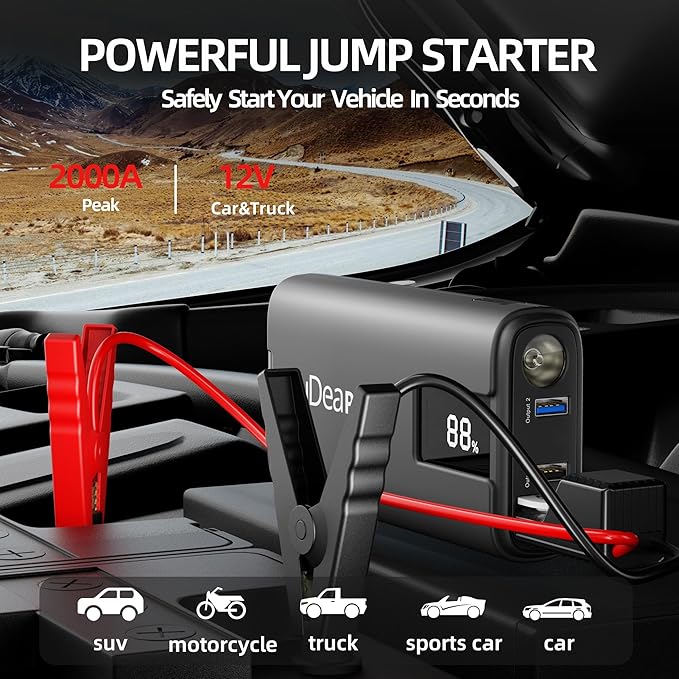 IDEAPLAY J10 Jump Starter, 2000A 12V Car Battery Jump Starter Portable for Up to 8.0L Gas and 7.0L Diesel Engine, Jump Box with Jumper Cables, Type C Fast Charging Battery Jumper with LED Flashlight