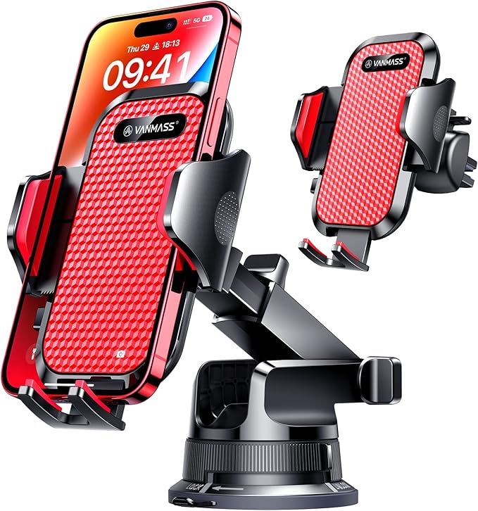 VANMASS [Pro Version] Universal Car Phone Mount [Super Suction Cup] Dashboard Phone Holder, Handsfree Windshield Dash Vent Phone Holder Car, Compatible for iPhone 16 15 14 13 Samsung LG & Truck,Red