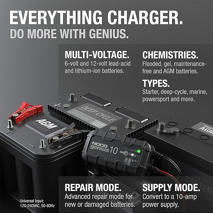 NOCO GENIUS10: 10A 6V/12V Smart Battery Charger – Automatic Maintainer, Trickle Charger & Desulfator with Overcharge Protection & Temperature Compensation – For Lead-Acid & Lithium Batteries