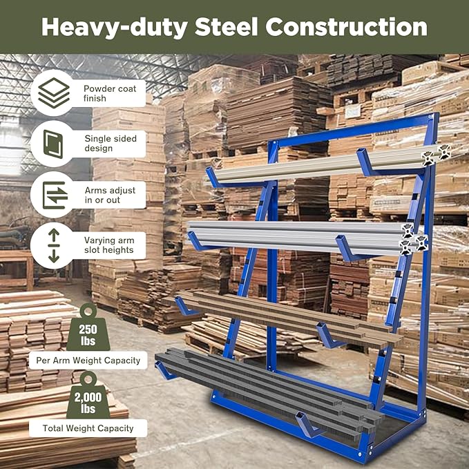4 Tier Steel Horizontal Storage Rack, Heavy Duty Free Standing Bar Storage Cantilever Rack, Adjustable Pipe Storage Rack,4-Level Wood Lumber Shelf Organizer for Garage Workshop Shed, 2000 lbs Capacity