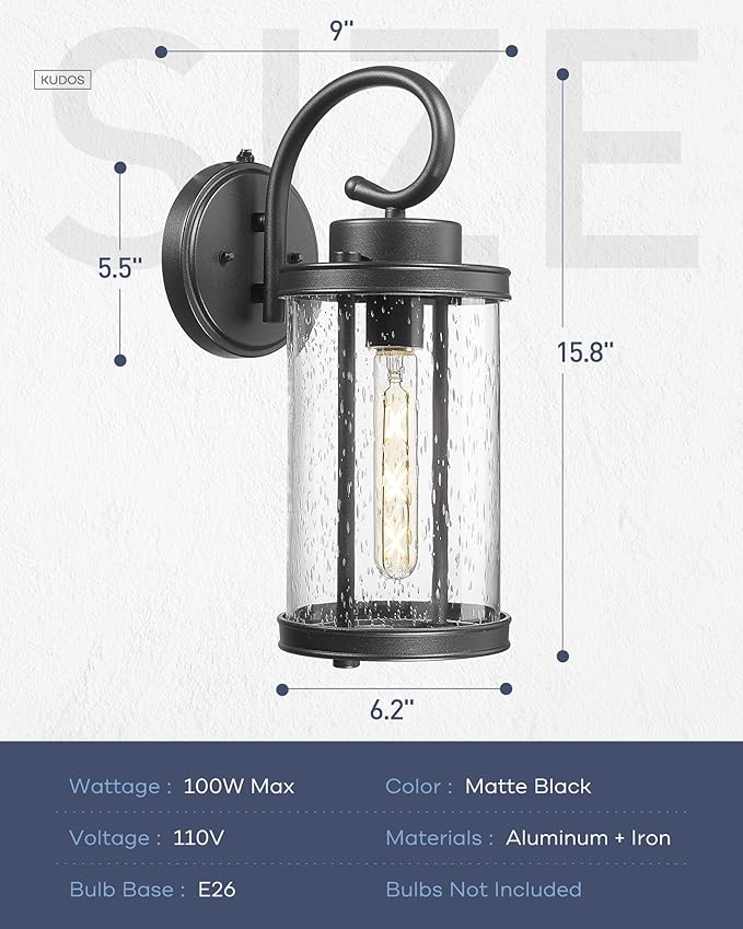 kudos Dusk to Dawn Outdoor Lighting, 15.8 inch Large Cylinder Porch Lights, Anti-Rust Waterproof Outdoor Wall Light for Patio, Garage, Black with Seeded Glass, KDOWL01-BK-L-LC