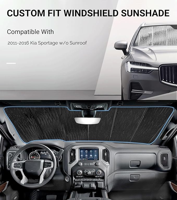 Windshield Sun Shade for Kia Sportage 2011-2016,Front Window Sunshade Shield, 2-in-1 Reflective Sun Shade,Silver for Summer, Black for Winter