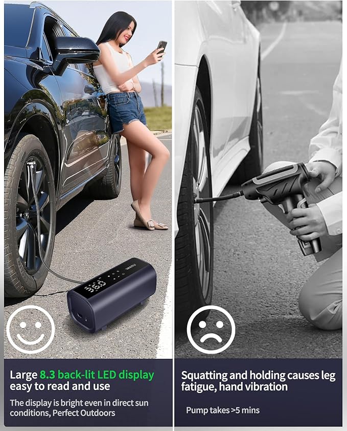 YANTU Dual Cylinder Tire Inflator Portable Air Compressor With 8.3-Inch Large Digital Screen,12V Cordless/battery powered Car Air Pump For Car Tires，Electric Auto Shut Off for Truck/Bike/Pickup/Moto