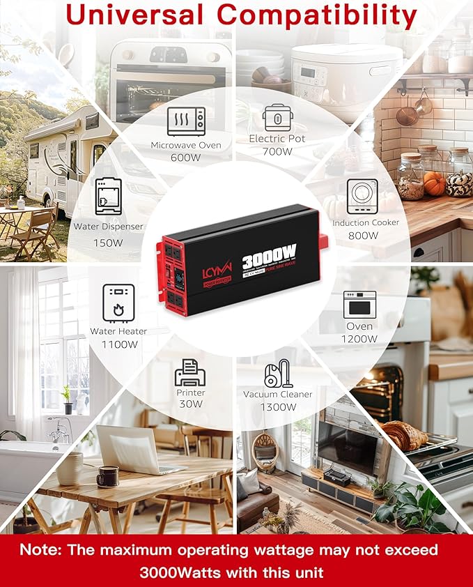 3000 Watts Power Inverter Pure Sine Wave DC 12V to 110V/120V AC 6000W Peak Inverters with 4 AC Outlets Type-C PD30W QC3.0 USB Fast Charging Port Remote Control and LCD Display Solar Off-Grid Converter