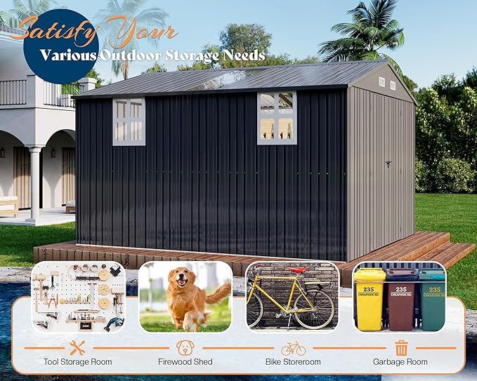 AMERLIFE 10.1x11.5x7.4 FT Galvanized Steel Storage Shed with Dual Transparent Panels, 2 4-Pane Windows & Hinged Double Doors, Outdoor Shed for Backyard, Patio, Garden, Dark Grey