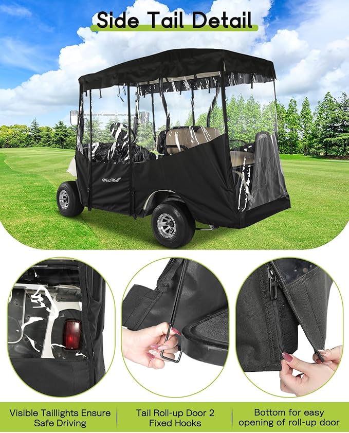 Golf Cart Enclosure 4 Passenger for EZGO RXV 2+2 Enclosure Waterproof Windproof Driving Rain Cover Fit 4-Seater Long Roof with 4-Sided Clear Windows Mirror Openings Roll-up Zipper Door Black