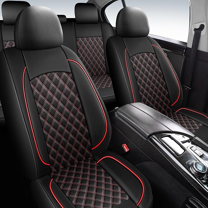 Car Seat Covers Full Set,Breathable and Waterproof Napa Leather Car Seat Cover,Interior Universal Fit for Cars,Sedans,SUVs,Vans,Trucks(Full Seat,Black+Red,N3)