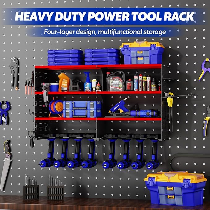 FAHKNS Power Tool Organizer Wall Mount, 4 Layer Heavy Duty Metal Tool Storage Rack, Garage Wall Organizers with 8 Drill Holder Screwdriver Holder, Cordless Tool Organizer for Garage Workshop Shed