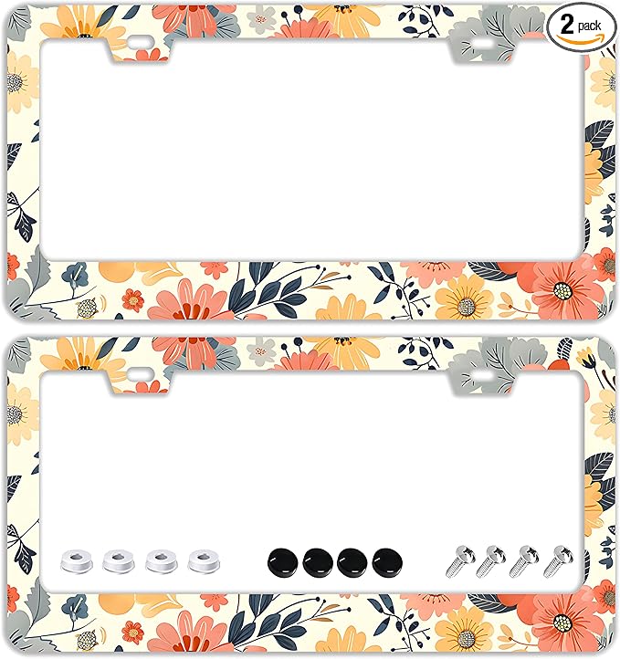 Colorful Floral Flowers License Plate Frames - 2 Pcs Set 2 Holes Stainless Steel Metal Auto Car Accessories Decoration License Plate Frame Cover Size 6.3" x 12.2" Fit US Vehicles for Women Men Gift