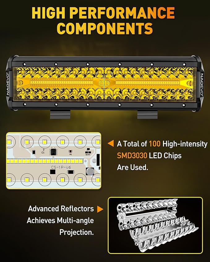 NAOEVO 12 Inch LED Light Bar, 300W 30000LM LED Offroad/Driving/Fog Lights with Wiring Harness Kit, Spot Flood Work Lights for Truck UTV ATV Golf Cart Boat, 1 Pc (Yellow)