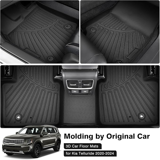 Powerty Floor Mats for 2020-2025 2026 Kia Telluride 7 Seats Accessories All Weather Floor Liner 3D TPE Floor Mat Heavy-Duty Floor Liners