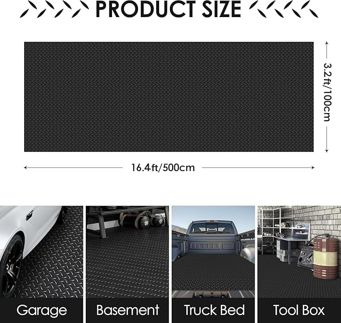 Garage Floor Mat, 16.4x3.2FT Diamond Plate Rubber Flooring Roll, PVC Non-Slip Floor Protector Mat, Thickness Waterproof Parking Mat for Under Car, Warehouse, Gyms, Trailer
