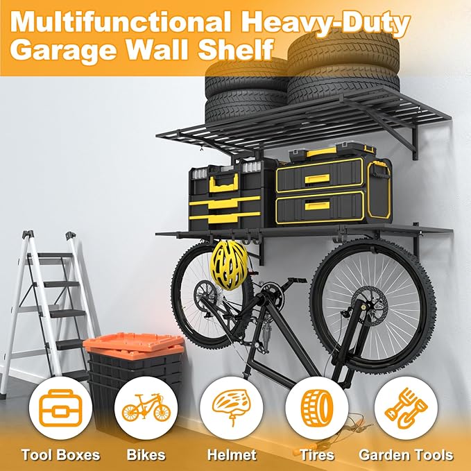 2-Pack 2×4ft Steel Garage Wall Shelving, 500lbs Each Load Capacity, Black, Hooks, Tool & Equipment Storage