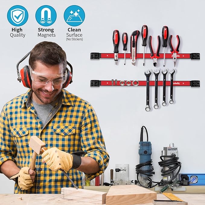 6 Pieces 18" Magnetic Tool Holder Strip, Red Magnet Bar, Metal Tool Organizer Rack for Garage Organization, Easy To Install in Workshop, Mounting Screws Included
