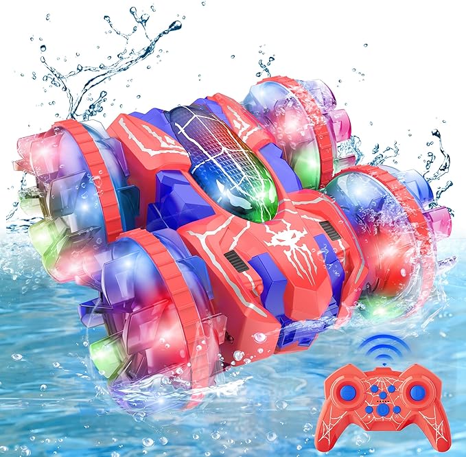 ZIZZ Amphibious Remote Control Car: 4WD Waterproof RC Car 2.4 GHz Remote Control Boat for Kid, Spider Double Sided 360° Rotating RC Stunt with LED Light, Boy Girl Gift All Terrain Water Beach Pool Toy