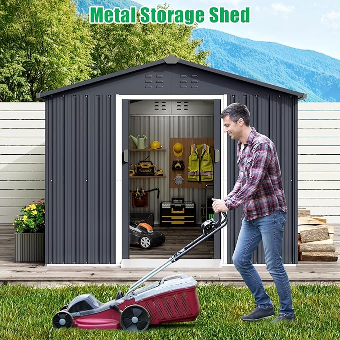 Outdoor Storage Shed 8 x 12 Ft, Outdoor Tool Metal Shed with Lockable Door, Air Vents and Sloping Roof, Metal Aluminum Waterproof Tool Sheds for Yard, Garden, Patio, Garage, Lawn, Gray