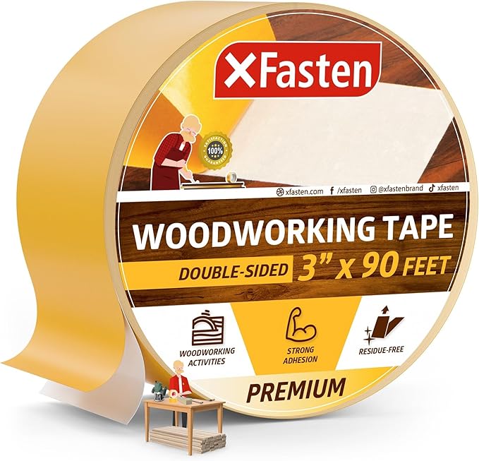 XFasten Double Sided Woodworking Tape 3 Inches x 90 Feet, Residue-Free and Removable Double Sided Wood Mounting Boards Tape for Wood Template, Metal, MDF Edge Banding, Routing, Anchoring