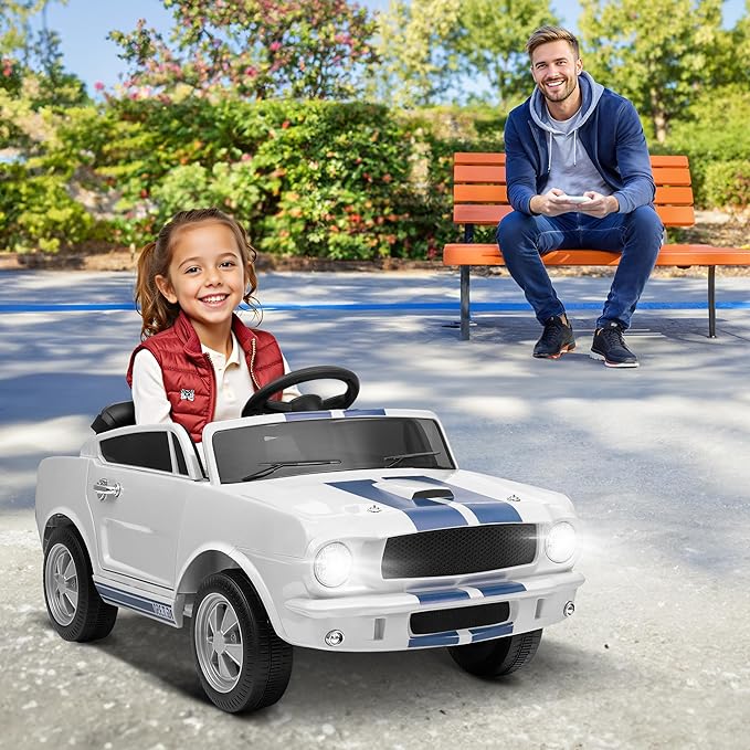 Winado Licensed Shelby Electric Car for Kids, Battery Powered Ride On Toy for Toddlers with Remote Control, Upgrade Display Panel, Bluetooth, Shock Absorbers, Safety Belt, 3 Speeds, LED Lights - White