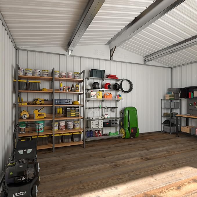 WKM 10x14 Outdoor Storage Shed, Garden Shed with Updated Frame Structure and Lockable Doors, Metal Tool Sheds for Backyard Garden Patio Lawn, White