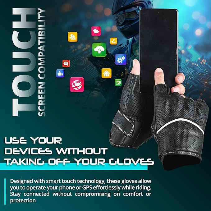 aasportx Motorcycle Gloves - Men's Leather Motorbike Gloves with Touchscreen Function - Non-Slip Pads for Men & Women
