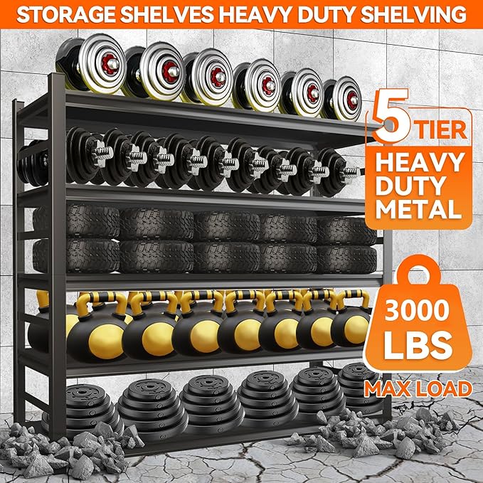 Metal Garage Shelving Unit, Heavy Duty 5-Tier Adjustable Storage shelves, Steel Shelving, 3000 lbs Capacity, Industrial Shelves for Heavy Tools and Equipment, Ideal for Garage, Basement, Black, 72"