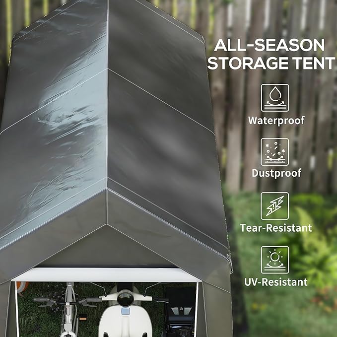 Outsunny 7' x 12' Portable Storage Shed Shelter, Heavy Duty Outdoor Shed, Waterproof Garden Storage Tent with Ventilation Window and Roll-up Zipper Door for Bike, Motorcycle, Garden Tools, Gray