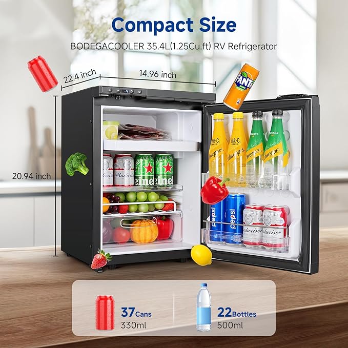 BODEGACOOLER 12 Volt RV Refrigerator, 35.4L(1.25Cu.ft) RV Fridge with Freezer, APP Control Car Refrigerator, (-4℉-46℉) Travel Compressor Cooler 12/24V DC for Boat, Yacht, Caravan, Truck, Camping