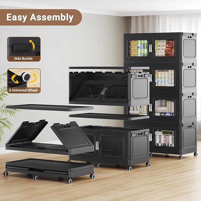 900 Qt Stackable Storage Bin with Lid, 225Gal Extra Large Collapsible Storage Boxes, Folding Plastic Drawer, Heavy-Duty Store Cabinet, Closet Organizer for Home Kitchen, 3 Pack Black