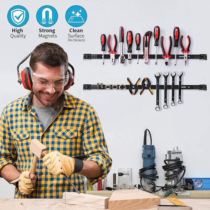 4 Pieces 24" Magnetic Tool Holder Strip, Black Magnet Bar, Metal Tool Organizer Rack for Garage Organization, Easy To Install in Workshop, Mounting Screws Included