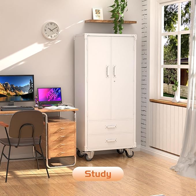Rolling Storage Cabinet with 2 Doors and 2 Drawers, Heavy Duty Metal Storage Cabinet with Shelves, Locking Steel Cabinet for Warehouse, Home, Office (White)