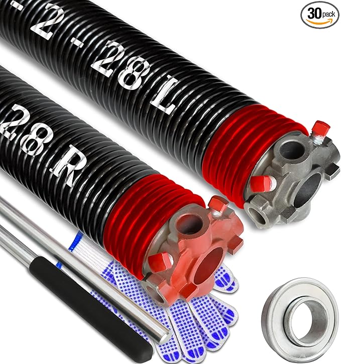 Garage Door Torsion Spring Set, Pair of 2" Electrophoresis Coated Garage Door Spring Replacement with 2 Non-Slip Winding Bars and Bearing, Minimum 16000 Cycles (.225x2x28")