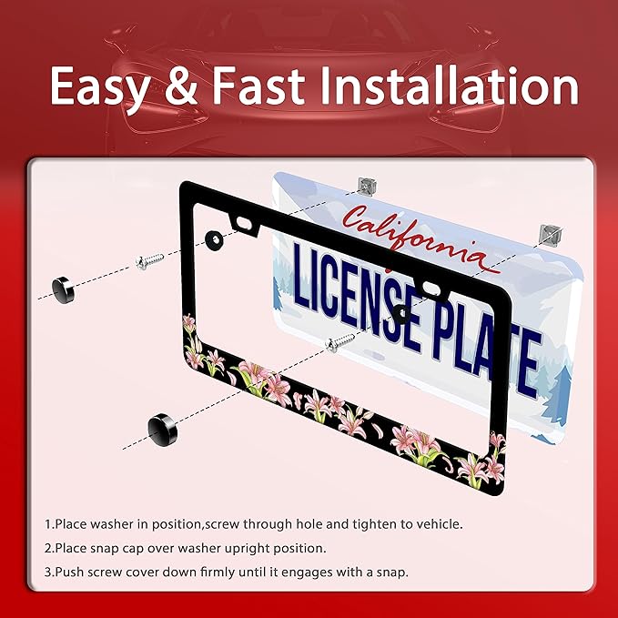 Pink Lily License Plate Frame Beautiful Floral Flower License Plate Stainless Steel Funny License Plate Decorative with Screws Size 12.3" x 6.3" Men Women