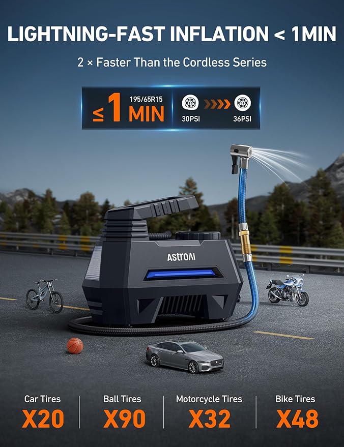 AstroAI Tire Inflator Portable Air Compressor Tire Air Pump for Car Tires - Car Accessories, 9.8Ft Cord-12V DC-Powered Auto Pump with Digital Pressure Gauge, LED Light for Bicycle, Balloons, Blue