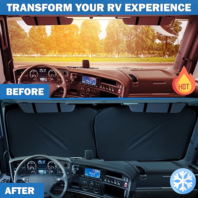 2-Piece RV Windshield Sunshade | Reflective 240T Polyester Front Windshield Shade | Foldable Front RVs, Large Bus, Large Side Window Sun Shade | XXL (41.5" x 50")