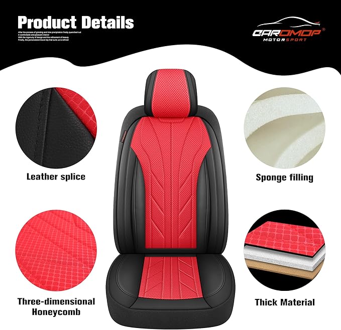 CAROMOP Luxury Faux Leather&Fabric Car Seat Covers 2 Front Seats with Breathable 3D Foam Back Support, Universal Seat Covers for Cars,Trucks,SUVs, Front Armrests Compatible(Black/Red)