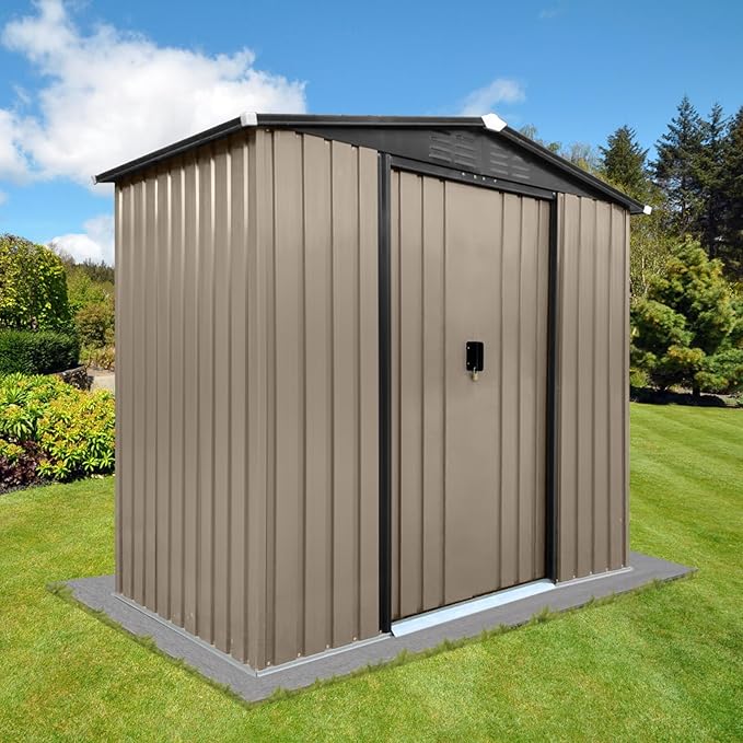 4 x 6 FT Metal Garden Shed, Outdoor Storage Shed with Sliding Doors, Rust-Resistant Steel Construction for Tools, Hobbies & Workshop Use, Brown