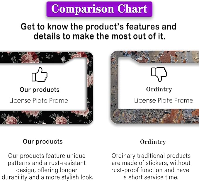 Fun License Plate Frame Protector License Plate Frames for Women Pink and Cream Dark Floral Universal Aluminum Car Accessory 2 Pack with Screw Covers Set