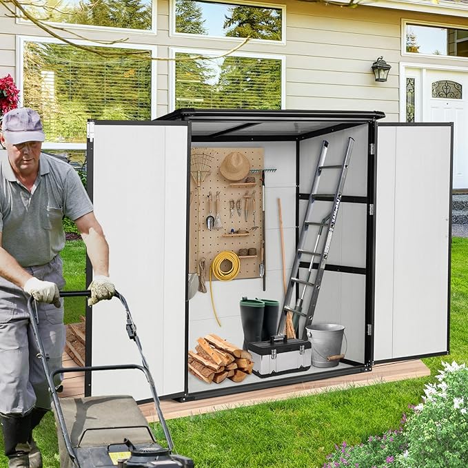 5x3 FT Resin Outdoor Storage Shed with Floor, Waterproof Resin Cabinet with Lockable Doors, Plastic Tool Shed for Patio Furniture, Bikes, Accessories,White+Black