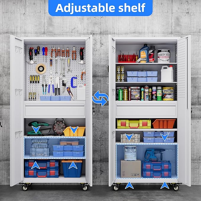 71" H Garage Storage Cabinet with Locking Doors and 2 Adjustable Shelves, Metal Tool Storage Cabinet with Wheels, Drawer, Pegboard and 16 Hooks for Garage, Warehouse, White