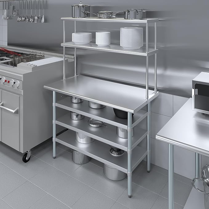 Amgood (24" x 48" Stainless Steel Work Table with 3 Shelves and 12" Wide Double Tier Overshelf | Metal Kitchen Prep Table & Shelving Combo | NSF