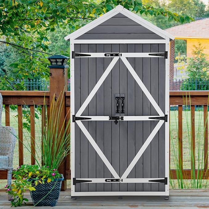 MCombo Outdoor Storage Cabinet with 2 Shelves, Outside Storage Shed with Floor, Wooden Garden Tool Shed with Latch for Yard Deck Lawn, 1000