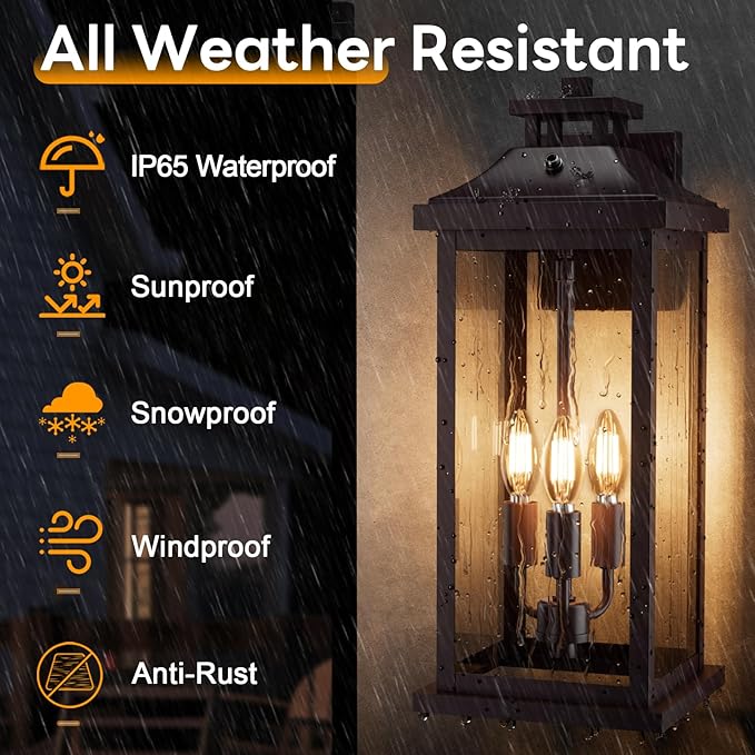 Oil Rubbed Bronze Dusk to Dawn Outside Lights 3-Light, 20" 2 Pack Porch Wall Mount Light Fixtures Large Brown Photocell Sensor Outdoor Wall Lanterns, Vintage Exterior Sconce Lamps E12