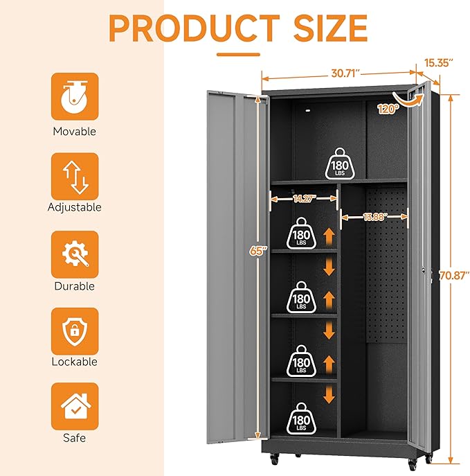 Metal Garage Storage Cabinet with 2 Doors, Adjustable Rolling Tool Storage Cabinet with Lock, 71" Steel Locking Tool Cabinet with Wheels and Shelves for Garage, Warehouse(Black&Gray, 71" H)