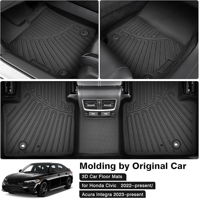 Powerty Floor Mats for 2022-2025 Honda Civic/2023-2025 Acura Integra Accessories All Weather Floor Liner 3D TPE 1st & 2nd Row Floor Mat Heavy-Duty Floor Liners