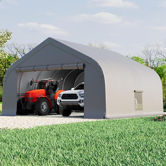 EROMMY 20x20 FT Heavy Duty Durable Carport, Galvanized Steel Frame Garage Shelter and Outdoor Storage, Waterproof 3-Layer PE Cover, Fits 2 Cars, Boat, Farm Equipment, Silver Gray