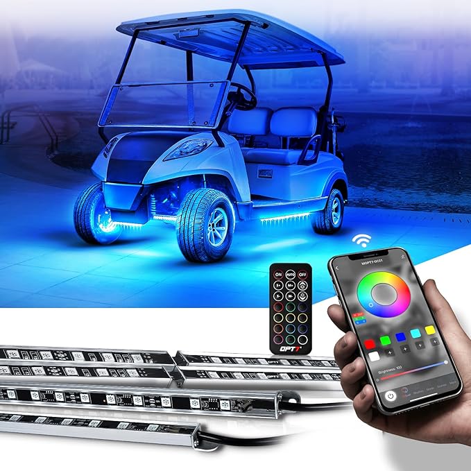 OPT7 Aura Pro Underglow Lights Kit for Golf Cart with APP & Remote Control, Waterproof Rigid Aluminum Light Bar, RGB Multicolor Music Sync LED Lighting Kit for EZGO Yamaha Club Car, 12V